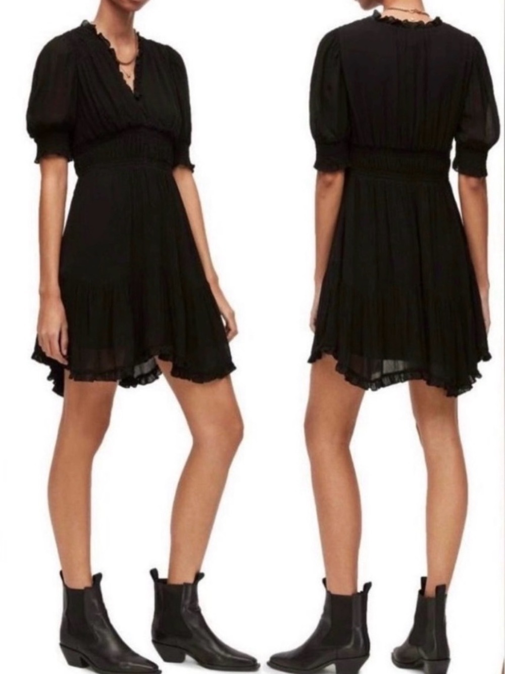 AllSaints Via Ruffle Dress Sz 8 Grunge Meets Modern Black V‑Neck Puff Sleeve